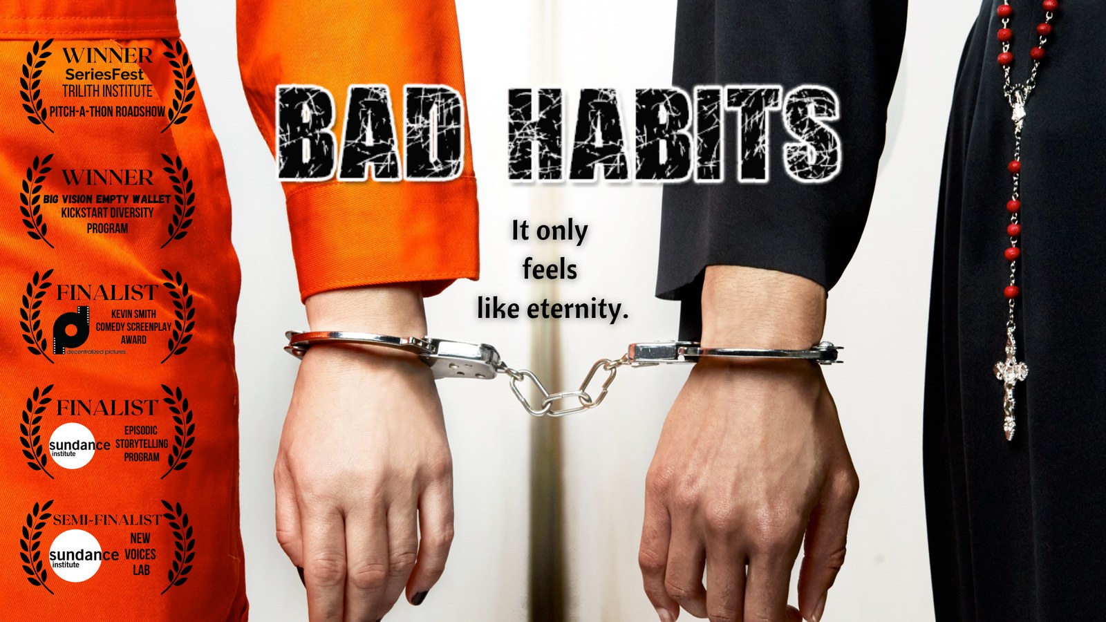 Bad Habits key art: two handcuffed figures, one in an orange jumpsuit and one in a habit