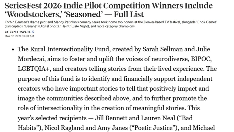 IndieWire coverage of the SeriesFest win